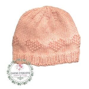 Hand Knit “You Are Loved”‎ Baby Hat w/Textured Heart Design in Baby Pink, NWOT